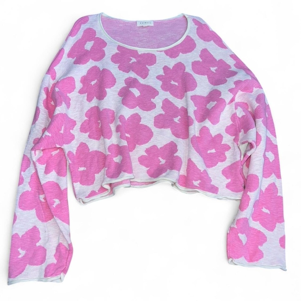 Promesa Pink White Floral Knit Cropped Sweater Women's Medium Flower Relaxed